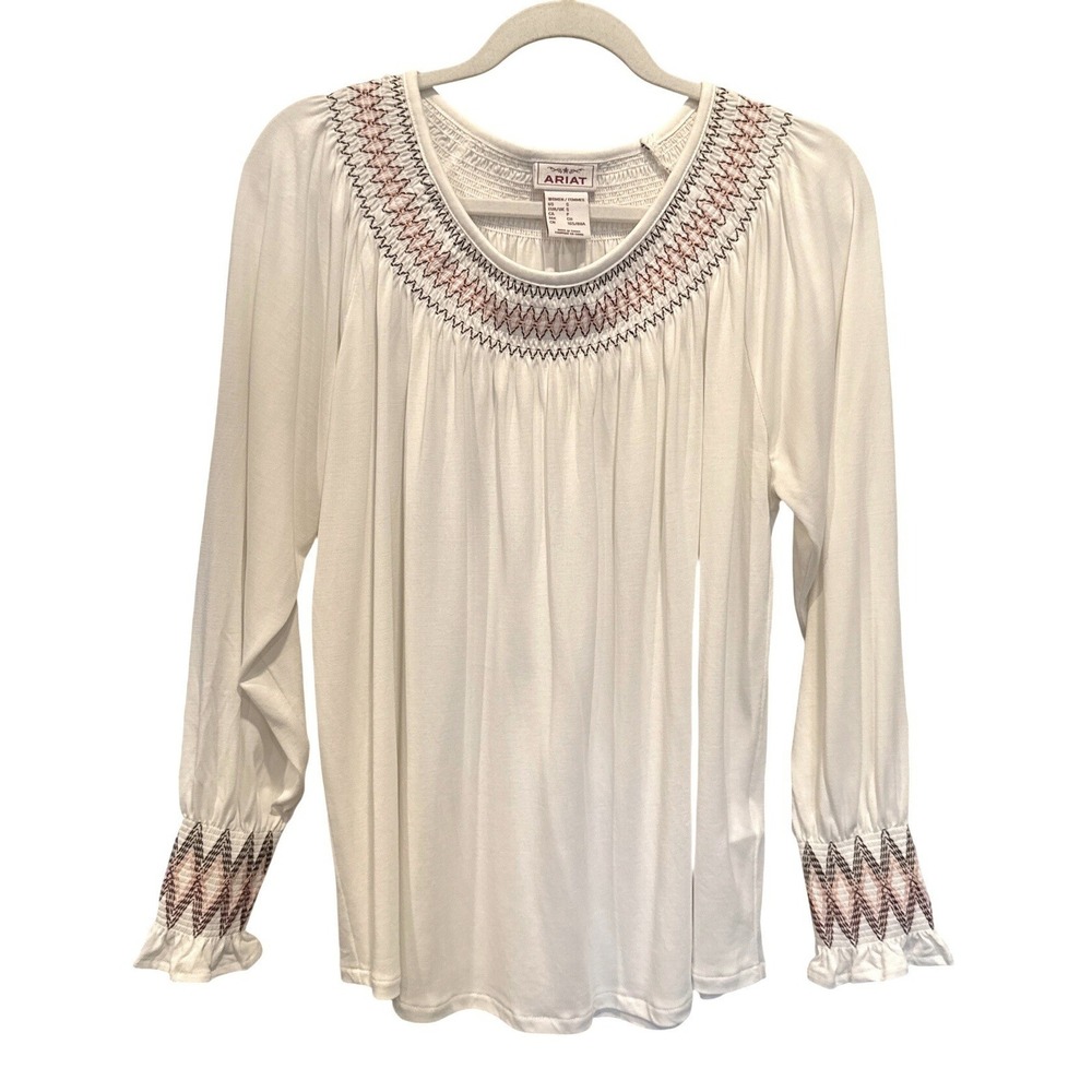 Ariat Womens Western Prairie Top Tunic Smocked Neck Cuffs Small Ivory Boho